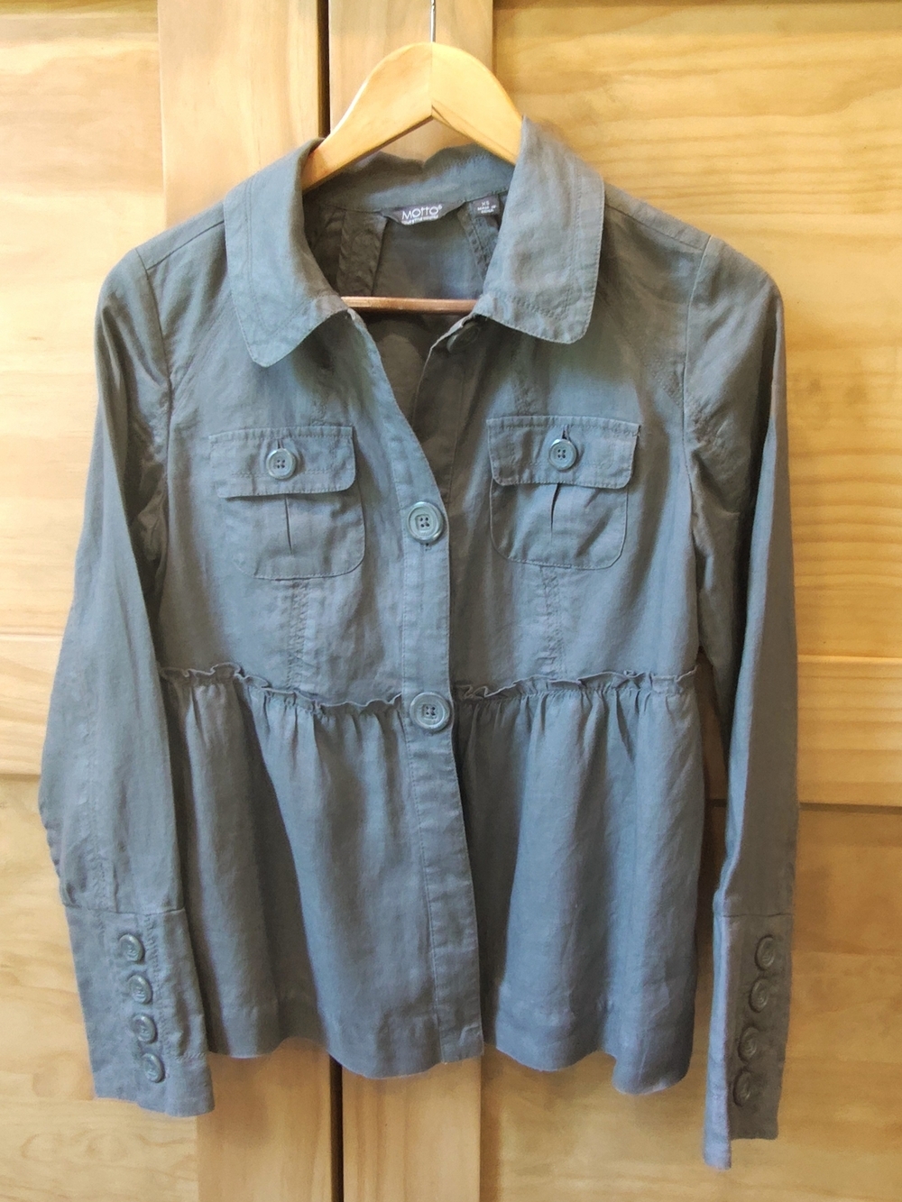 Motto Women's Grey 100% Linen Shirt Jacket With Gathered Tier At Bottom | XS